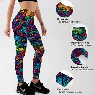 Quickitout Color Feathers 3D Printed Women's Mid-Waist Fitness Trousers