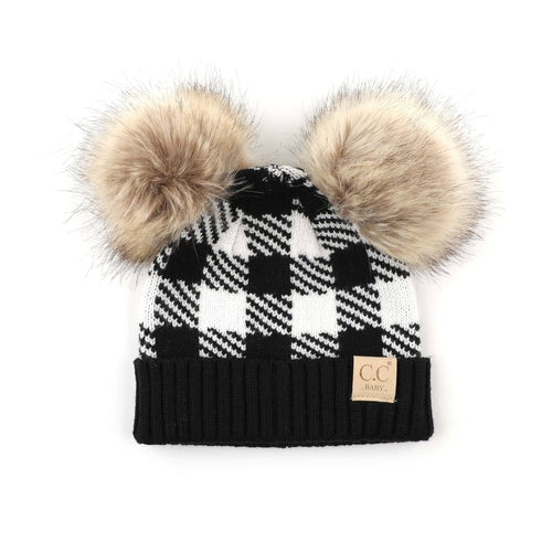 CC Baby and Kids Buffalo Plaid Double Pom Beanies Hats