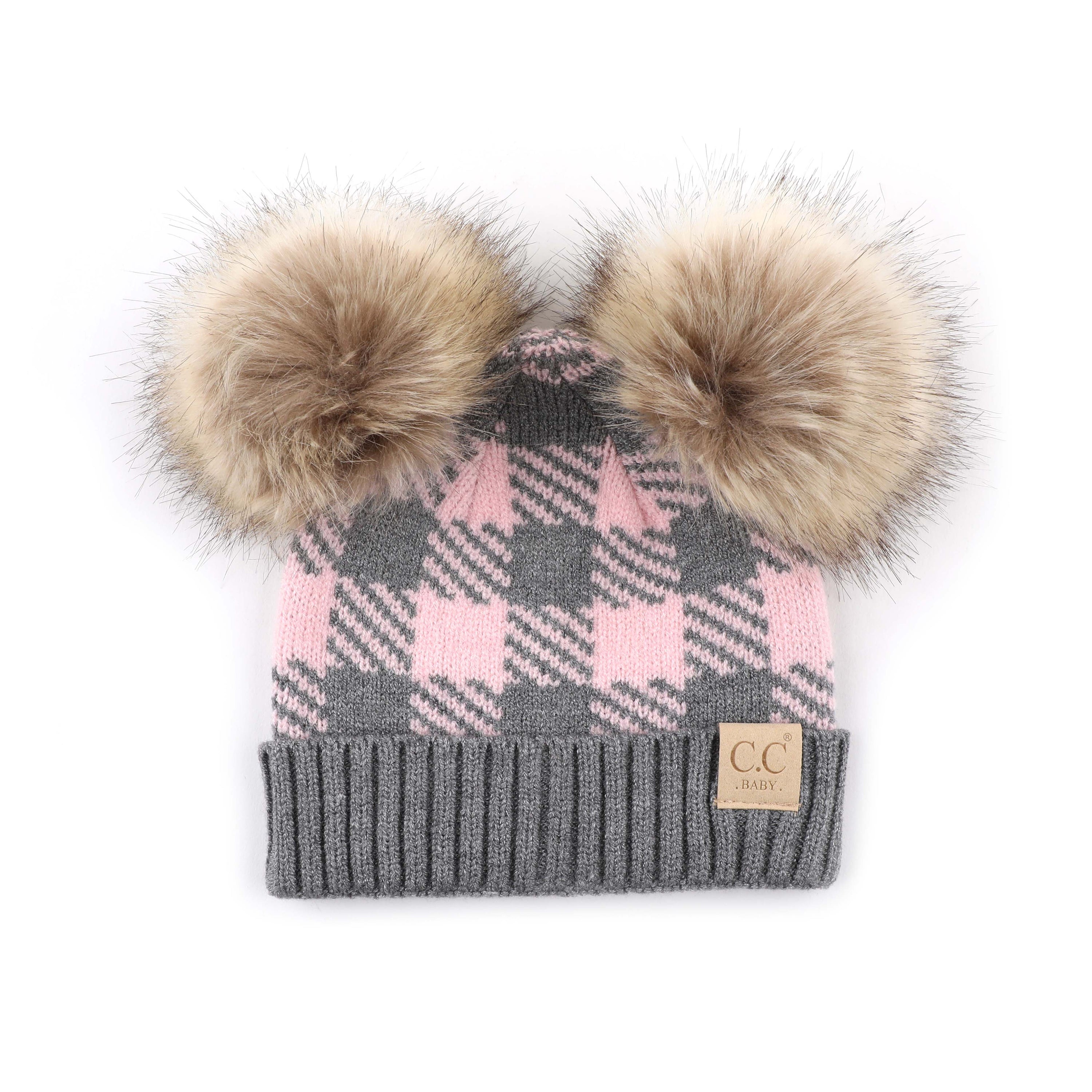 CC Baby and Kids Buffalo Plaid Double Pom Beanies Hats