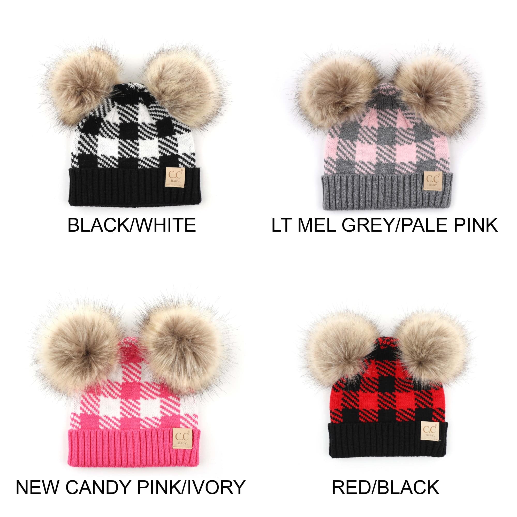 CC Baby and Kids Buffalo Plaid Double Pom Beanies Hats