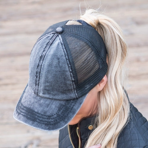 CC Washed Denim Criss Cross Pony Cap for  Kids to Adult