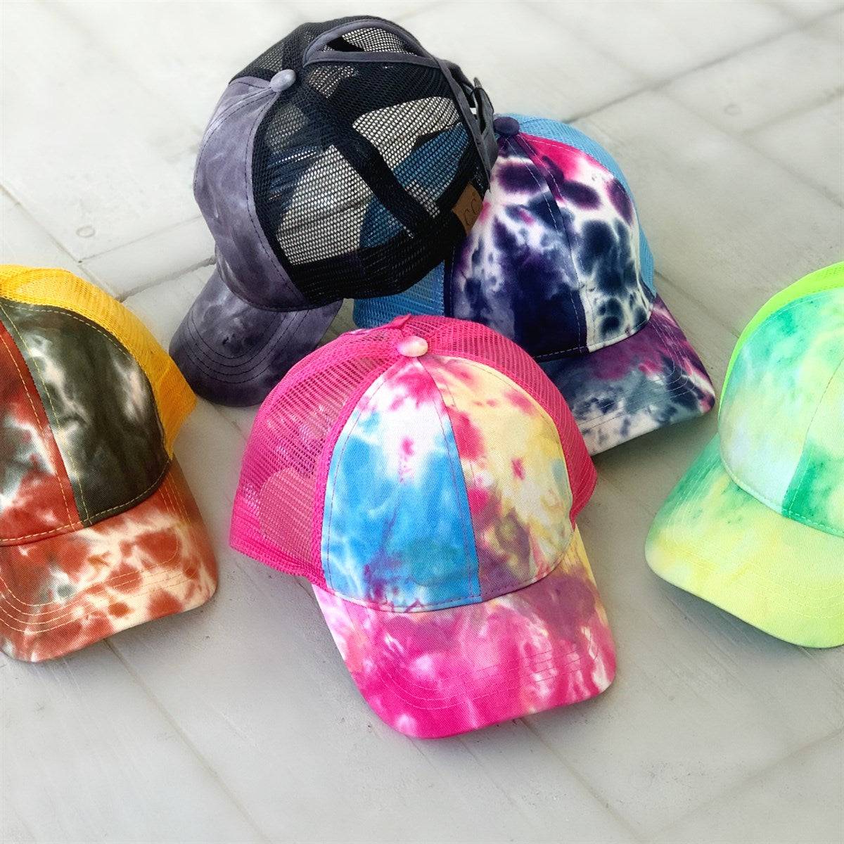 CC Tie-Dye Messy Bun Pony Cap Women, Teens and Kids Trucker Hats