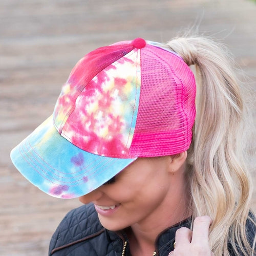 CC Tie-Dye Messy Bun Pony Cap Women, Teens and Kids Trucker Hats