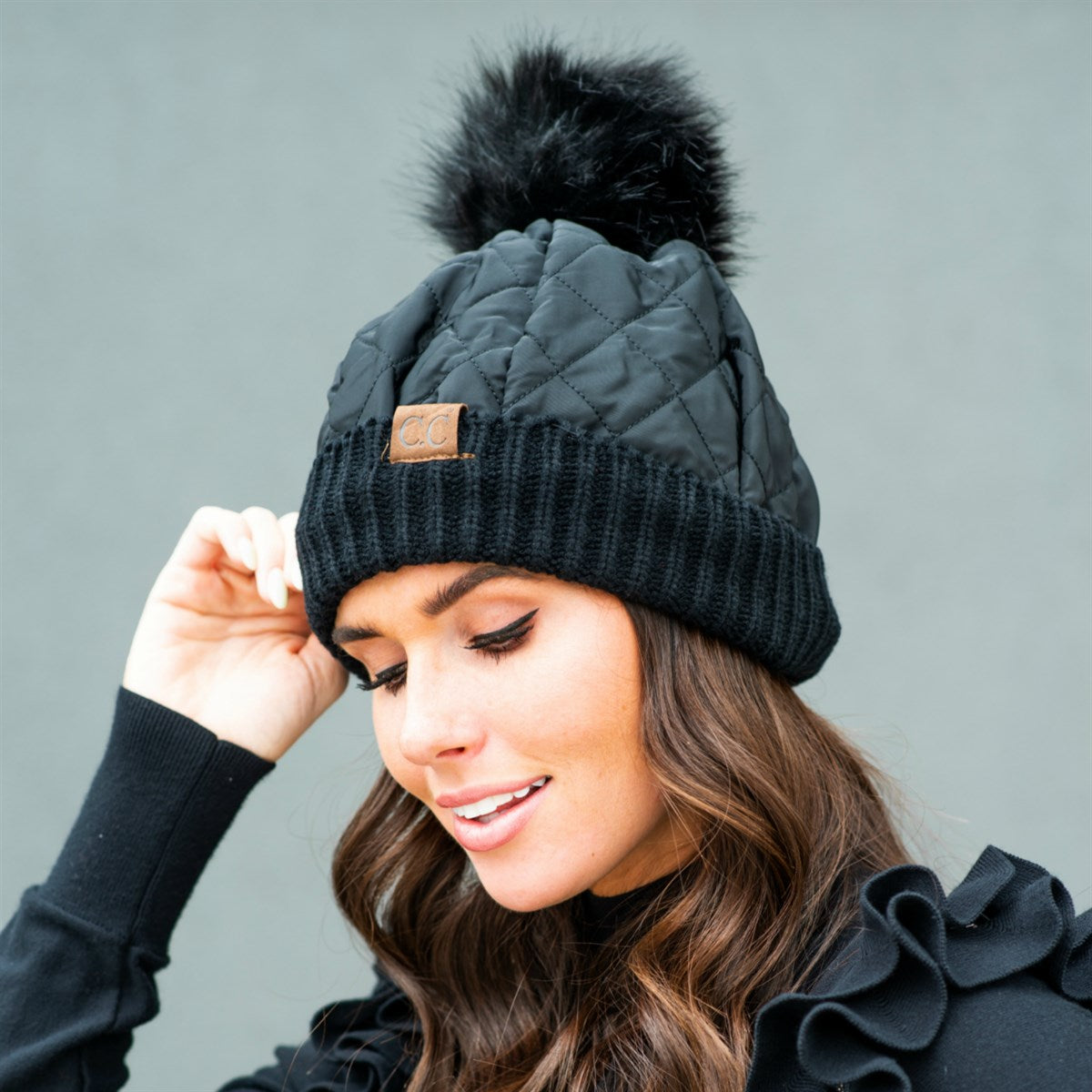 CC Quilted Puffer with Detachable Pom Beanies Hats