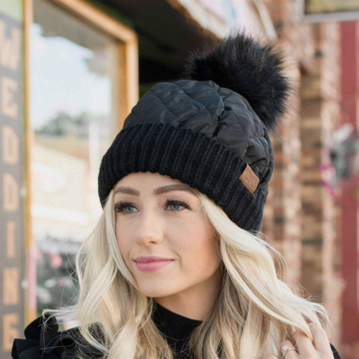 CC Quilted Puffer with Detachable Pom Beanies Hats