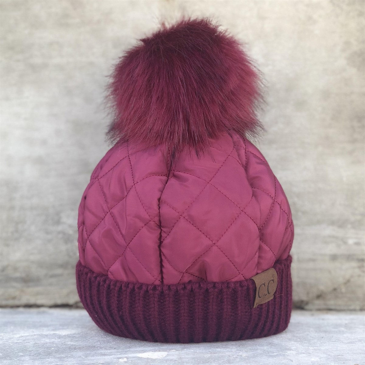 CC Quilted Puffer with Detachable Pom Beanies Hats