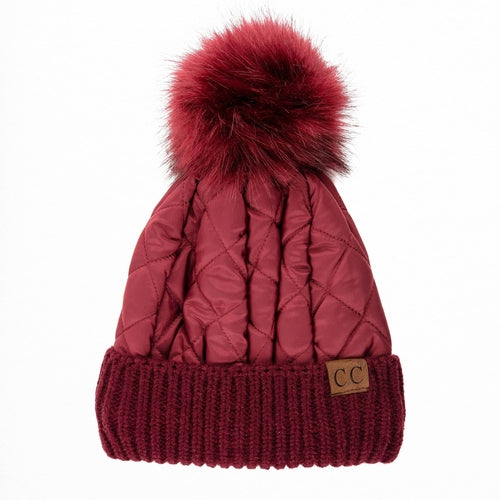 CC Quilted Puffer with Detachable Pom Beanies Hats