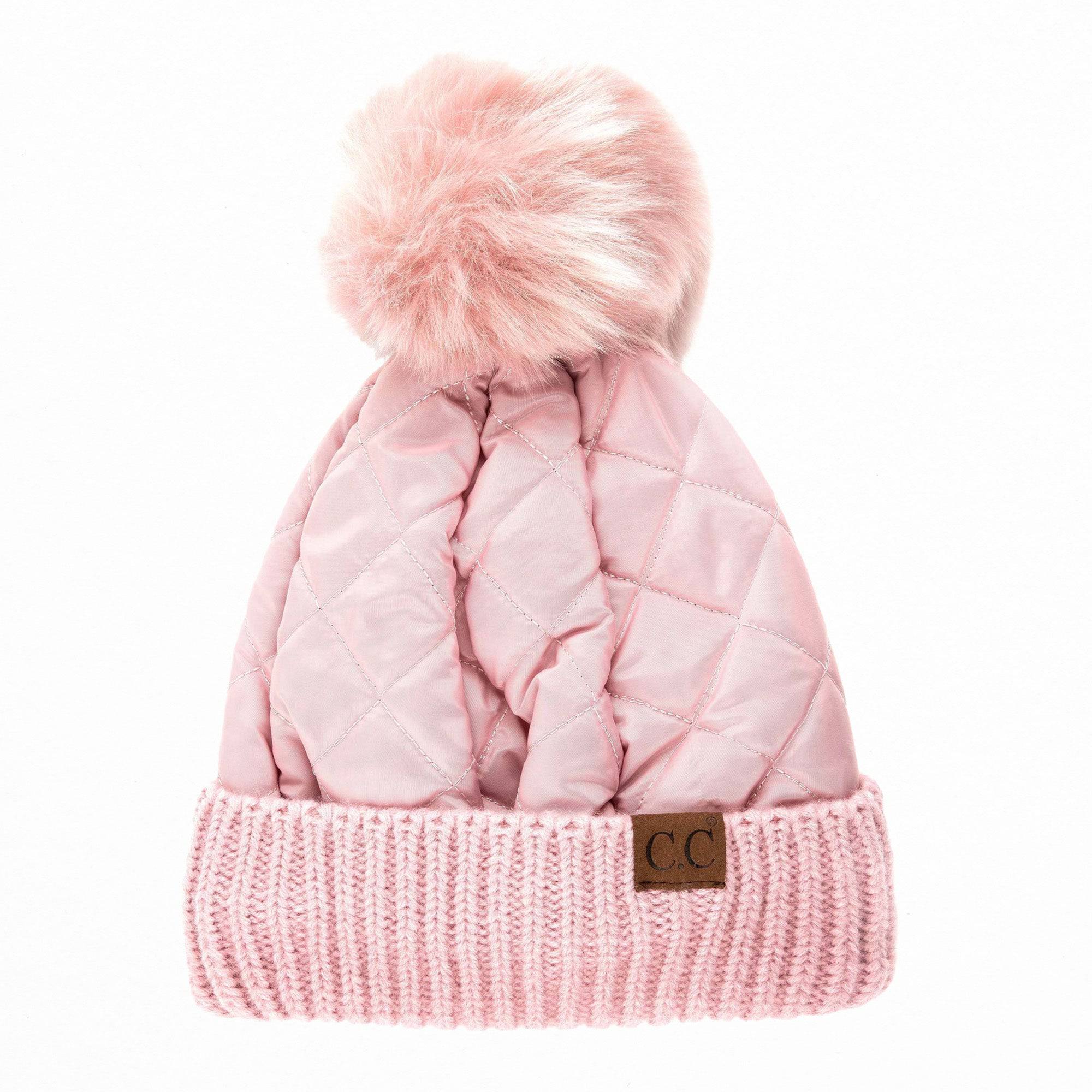 CC Quilted Puffer with Detachable Pom Beanies Hats