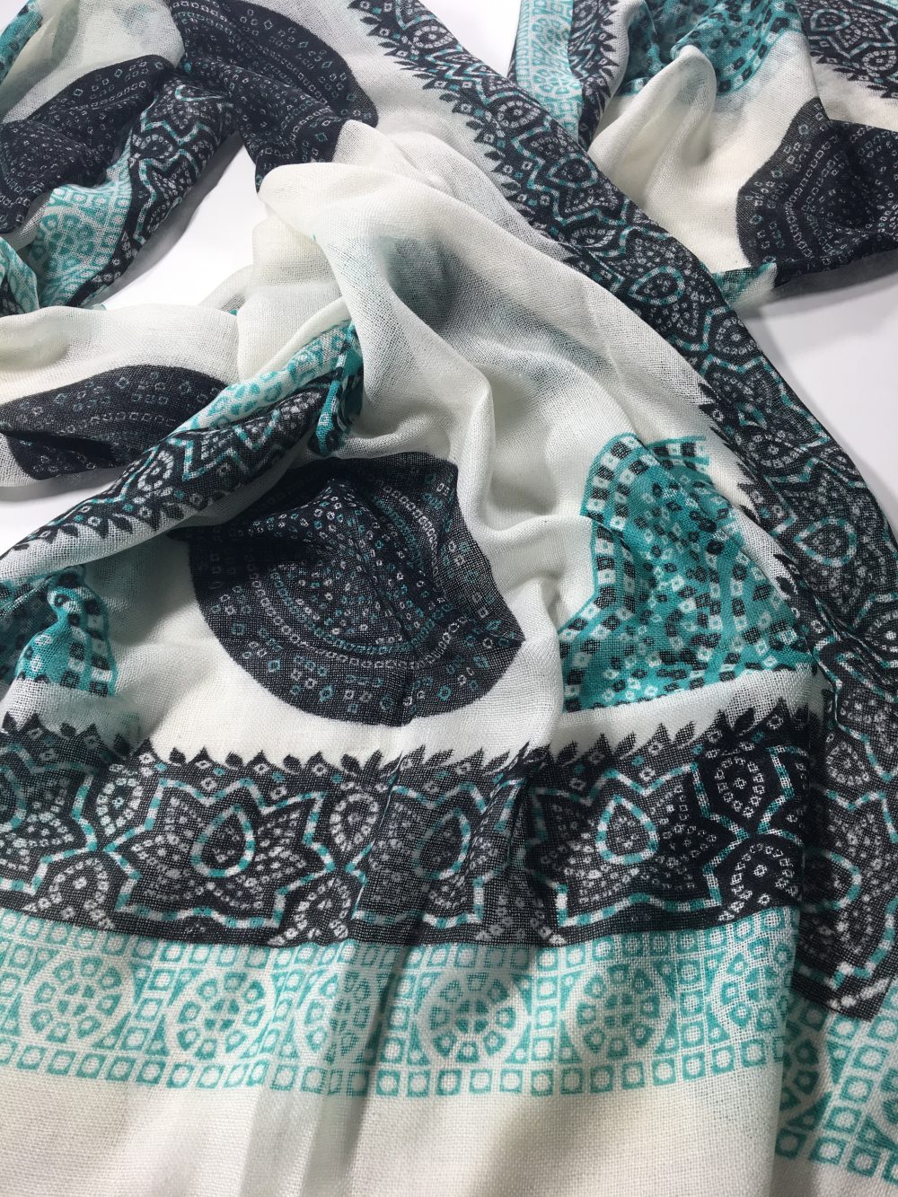 White and Green Hand Painted Wool And Silk Blend Scarf