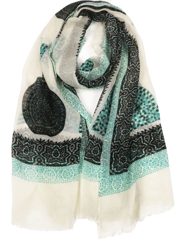 White and Green Hand Painted Wool And Silk Blend Scarf