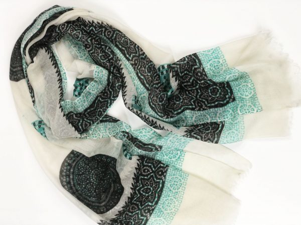 White and Green Hand Painted Wool And Silk Blend Scarf