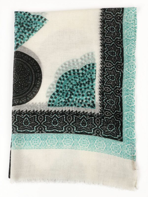 White and Green Hand Painted Wool And Silk Blend Scarf