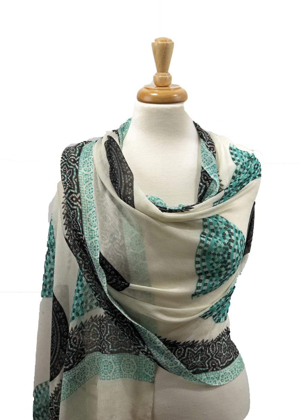 White and Green Hand Painted Wool And Silk Blend Scarf