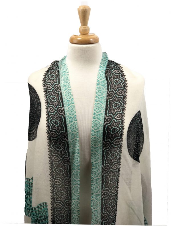 White and Green Hand Painted Wool And Silk Blend Scarf